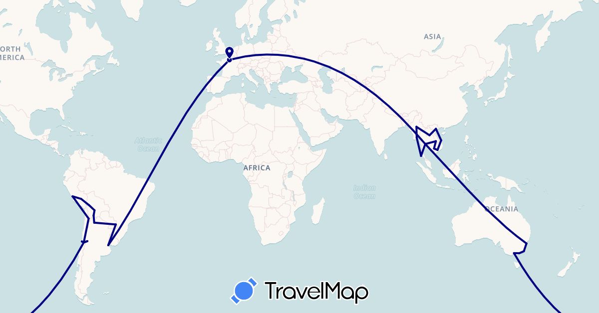 TravelMap itinerary: driving in Argentina, Australia, Bolivia, Chile, France, Cambodia, Laos, Myanmar (Burma), Peru, Thailand, Vietnam (Asia, Europe, Oceania, South America)